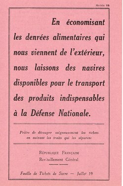 France-Ticket de rationnement journalier sucre- mois de juillet