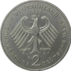 2 deutsche mark Kurt Schumacher Allemagne 1988 (J)
