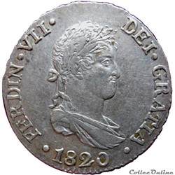 ESPAGNE 2 Reales Roi Ferdinand VII 1820 CJ RS (Séville) KM.19/460.2