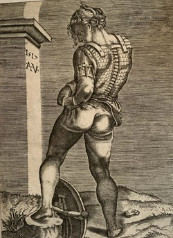 Agostino Veneziano, soldat debout en train de se rhabiller.