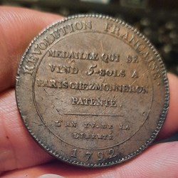 Monneron 5 sols A / Pacte federatif R / Legende en 5 lignes D38.1 P24.74g (3 b 1792 Rare avec T )