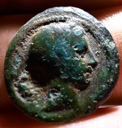 Campanie ? A/ Tete a d (symbole arriere tete) R / ? -265-240 D18.6 P6.70g ANS 483? MIAM6830?
