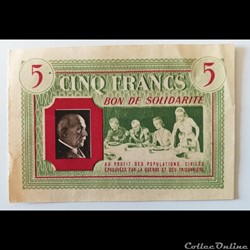 Bon de solidarité Vichy 5 Francs
