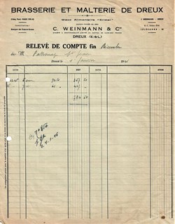 Relevé de compte de la Brasserie et Malterie de Dreux Weinmann