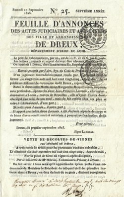 Feuilles d'annonces des actes judiciaires et avis divers des villes et arrondissement de Dreux
