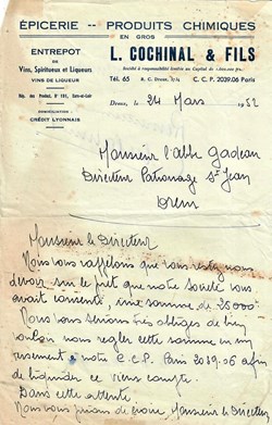 Lettre de rappel de l'Épicerie L. Cochinal & Fils