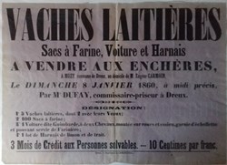 Vente de vaches laitières, sacs à farine, voiture et harnais