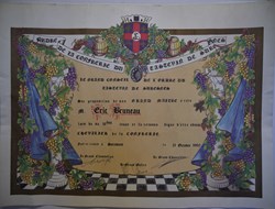Certificat d'admission de l'ordre de la confrérie du tastevin de Suresnes décerné à Eric Bruneau