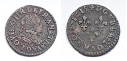 LOUIS XIII Double tournois au col plat 1615 Lyon