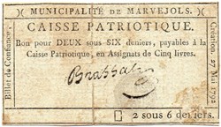 Billet de Confiance - MARVEJOLS (Lozère) - 2 sous 6 deniers