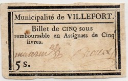 Billet de Confiance - VILLEFORT (Lozère) - 5 sous
