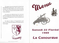 1989 - Menu Congrès des sapeurs pompiers de la Lozère