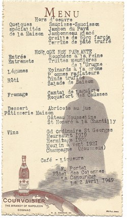 1949 - Menu du 2 avril, Hotel des Colonnes