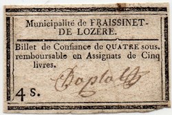 Billet de Confiance - FRAISSINET DE LOZERE - 4 sous