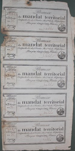 Planche de 5 mandats territoriaux de 25 francs - 28 ventôse AN IV
