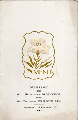 1952 - Menu de mariage au Massegros