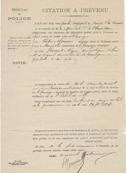 1884 - Citation à prévenu