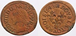 Dy 1377 - Louis XIII - Double tournois - 1643, la Rochelle