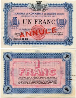 1 franc C.C.M. - Série B21 annulé