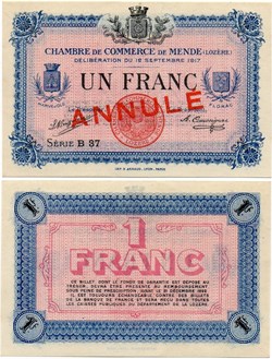 1 franc C.C.M. - Série B37 annulé