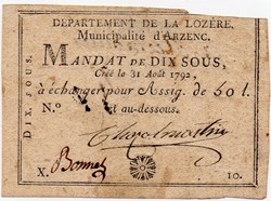 Billet de Confiance - ARZENC (Lozère) - 10 sous