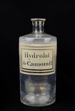 Flacon en verre grand modèle étiquette blanche sans couvercle Pharmacie RAVASSE