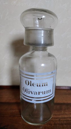 Bouteille verseuse en verre "Oleum Olivarum"