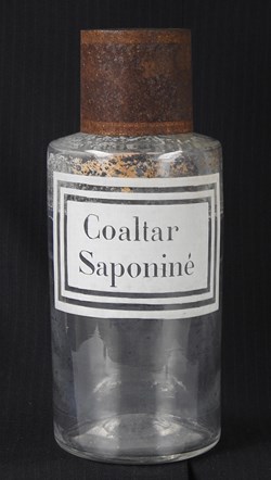 Flacon en verre grand modèle étiquette blanche Pharmacie RAVASSE