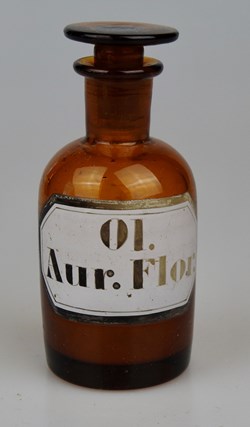 Flacon de pharmacie en verre ambré petit modèle avec étiquette