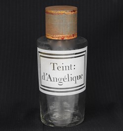Flacon en verre petit modèle étiquette blanche Pharmaxie RAVASSE