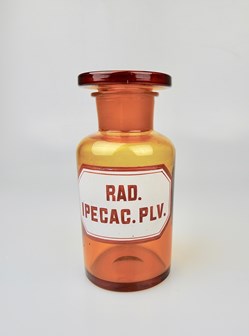 Flacon de pharmacie en verre ambré moyen modèle à étiquette blanche et rouge