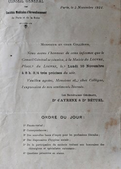 Convocation Conseil Général des Sies Médicales 5 nov, 1924