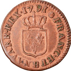 1791 - Liard à l'écu ( 2 têtes d'agneau)