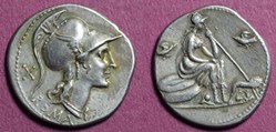 RRC 287/1 Anonymous denarius - Roma on shields. 114-115 BC