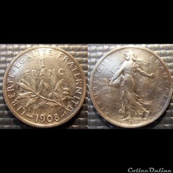 Ha 1 franc Semeuse 1908 23mm 5g