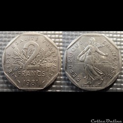 Jg 2 francs semeuse 1981 26.5mm 7.5g