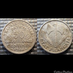 Gd 50 centimes Bazor 1944 18mm 0.7g faible 0.8g fort