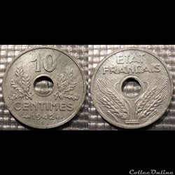 Df 10 centimes Etat Français 1942 21mm 2.5g