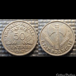 Gd 50 centimes Bazor 1943 B 18mm 0.7g faible 0.8g fort
