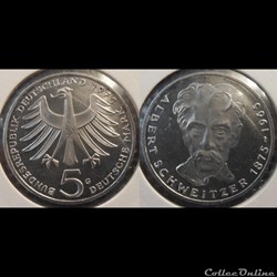 Germany 5 Mark commémorative Albert Scheltzer 1975 G
