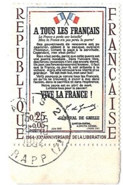 Timbre: 1964 - Anniversaire de la Libération - A TOUS LES FRANÇAIS… VIVE LA FRANCE