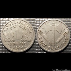 He 1 franc Bazor 1944 B 1.3g poids faible, 1.6g poids fort
