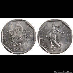 Jg 2 francs semeuse 1988 26.5mm 7.5g