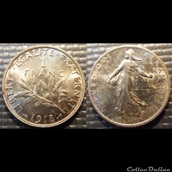 Ha 1 franc Semeuse 1918 23mm 5g