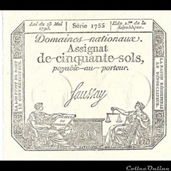 Assignat de cinquante sols Loi du 23 Mai 1793 Saussay