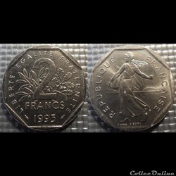 Jg 2 francs semeuse 1993 26.5mm 7.5g