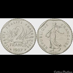 Jg 2 francs semeuse 1987 26.5mm 7.5g