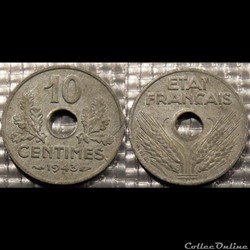 Dg 10 centimes Etat Français 1943 17mm 1.5g