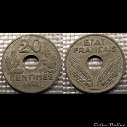 Eb 20 centimes Etat Français 1941 24mm 3.5g
