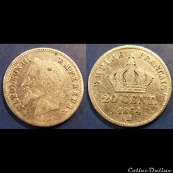 N-Napoleon III Empereur 20 centimes lauré petit modèle 1864 BB